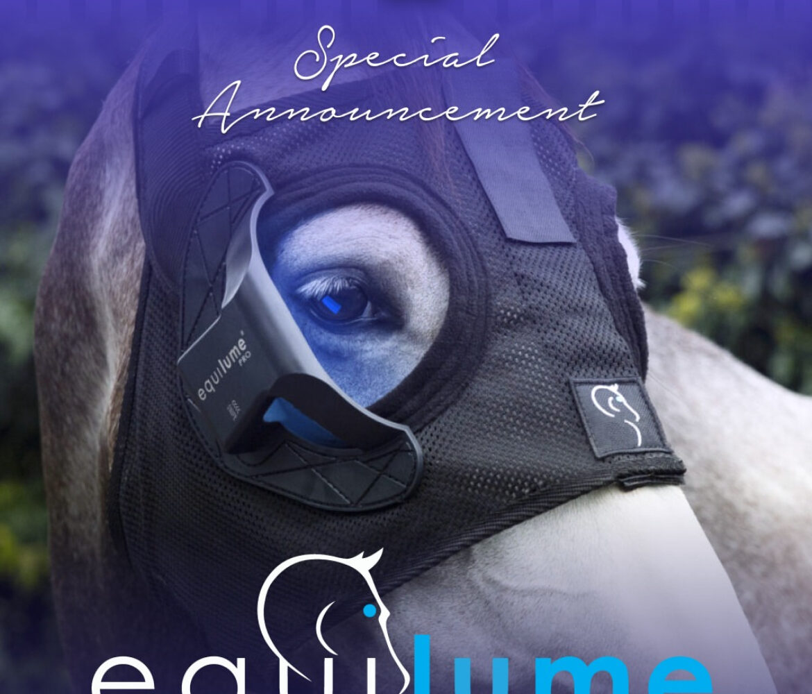 A Super Sires Special Announcement logo appears at the top of the graphic over a purple gradient over an image of a grey horse in an Equilume Light Mask with the Equilume logo at the bottom.