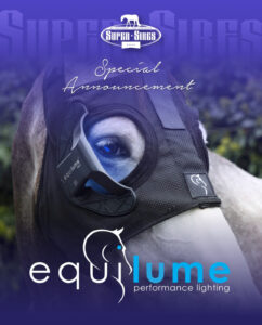 A Super Sires Special Announcement logo appears at the top of the graphic over a purple gradient over an image of a grey horse in an Equilume Light Mask with the Equilume logo at the bottom.