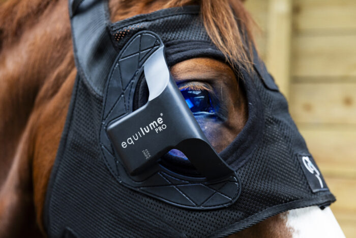 Close up shot of the Equilume Pro Light Mask cup. The cup of the light mask shows the details listed on the cup including the logo. The horse wearing the Light Mask is grey.