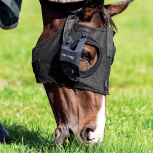 Horse grazing while wearing an Equilume Light Mask